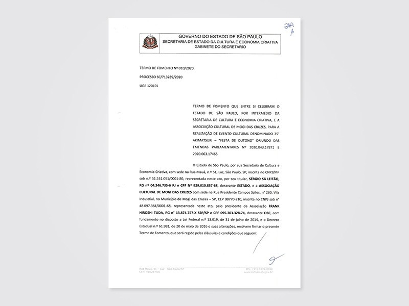 Img: Termo de Fomento Nº 010/2020, Processo SC/713289/2020 UGE 120101